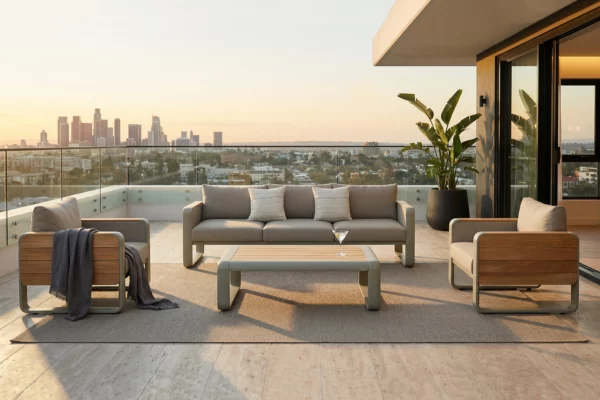 Nottingham zestaw ogrodowy wypoczynkowy Higold 5 osób sofa fotele ogrodowe stolik nowoczesne meble aluminiowe na taras