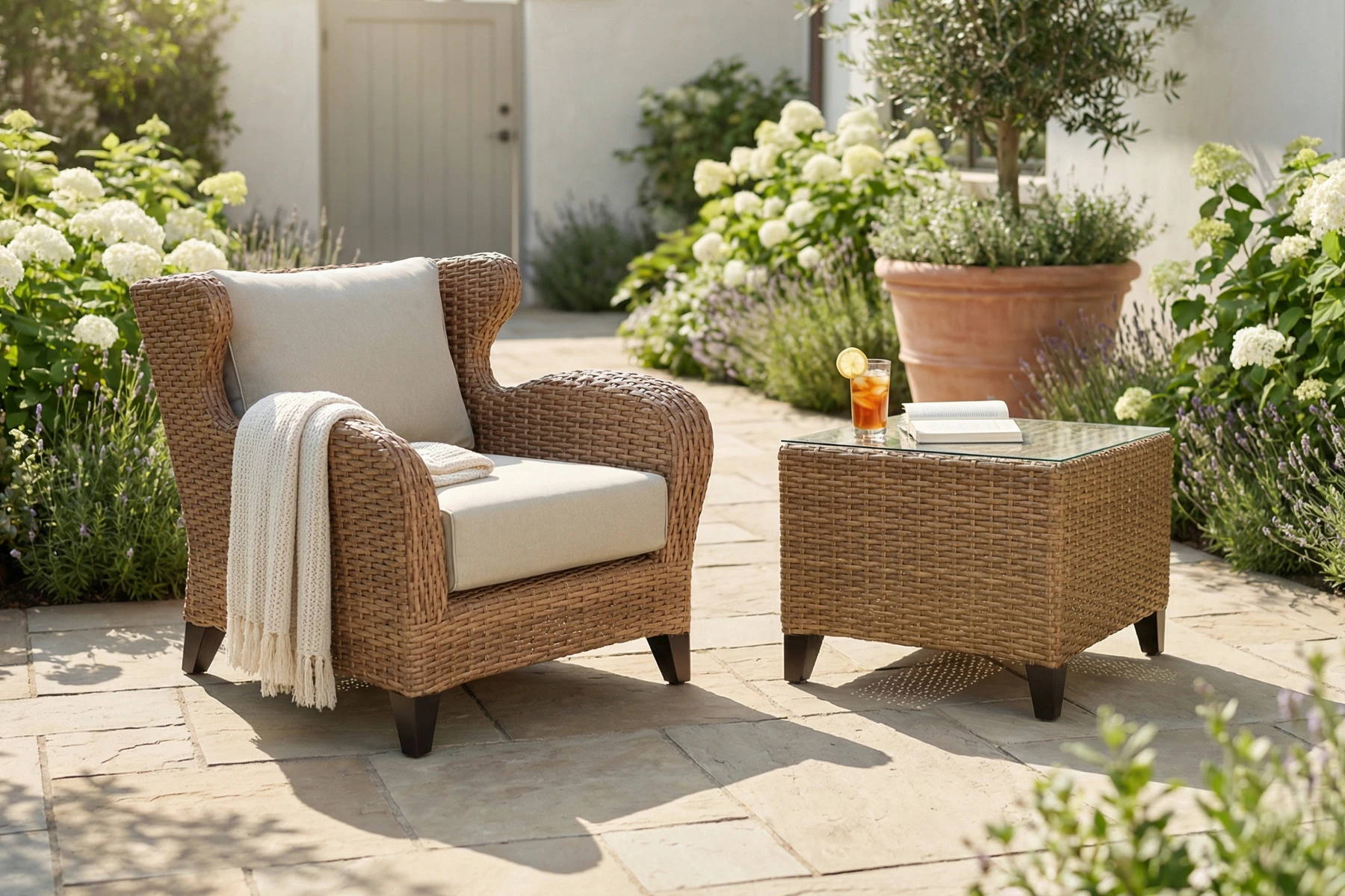 Houston zestaw wypoczynkowy meble ogrodowe z technorattanu fotel ogrodowy stolik boczny kolor Dune piaskowy ekskluzywne meble ogrodowe Twojasiesta