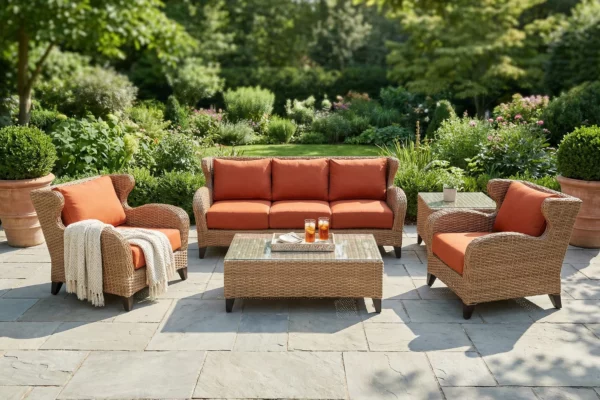 Houston zestaw wypoczynkowy meble ogrodowe z technorattanu kolor poduszek Desert pomarańczowy ekskluzywne meble ogrodowe Twojasiesta