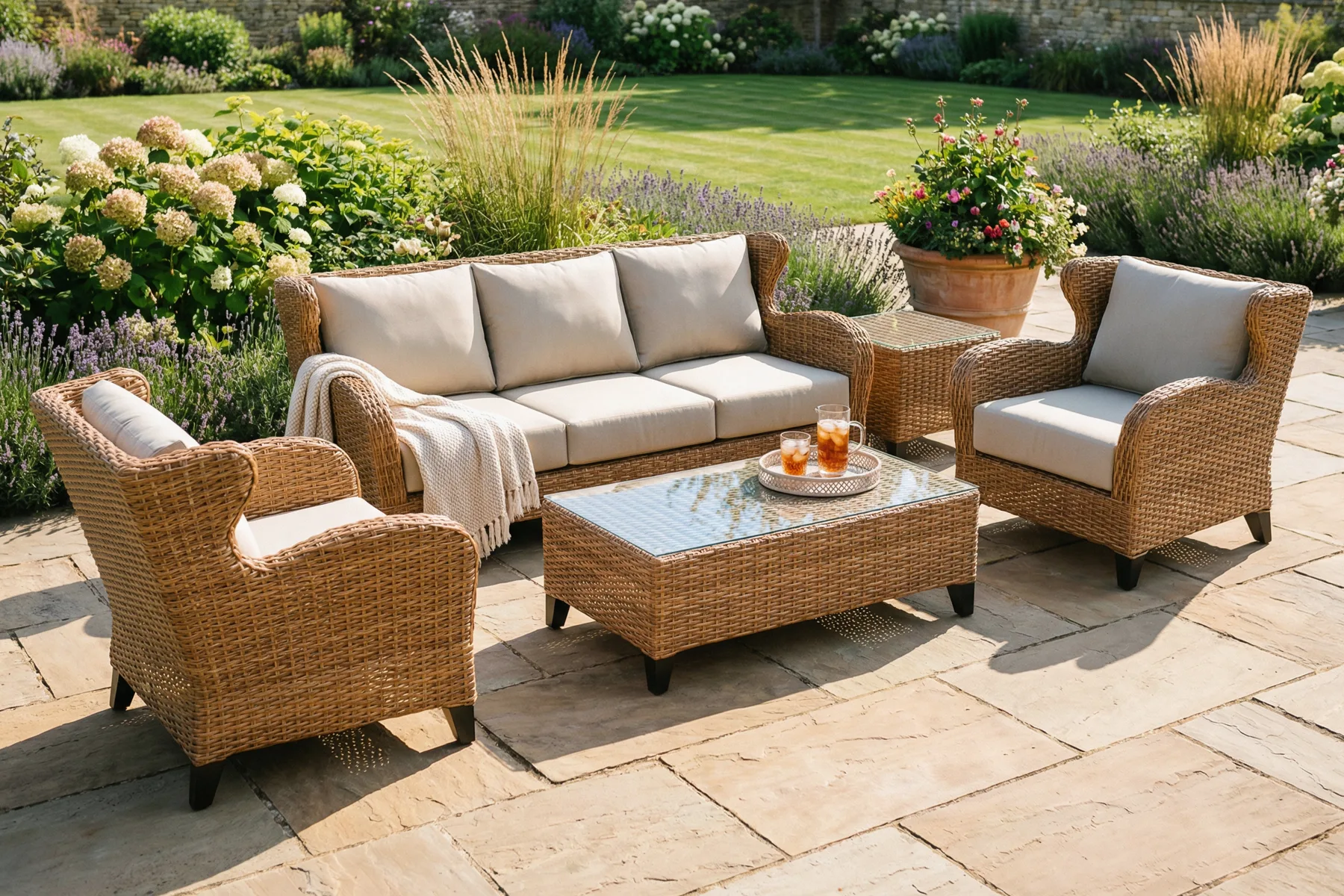 Houston zestaw wypoczynkowy meble ogrodowe z technorattanu kolor poduszek piaskowy Dune sofa ogrodowa fotele stoliki ekskluzywne meble ogrodowe Twojasiesta