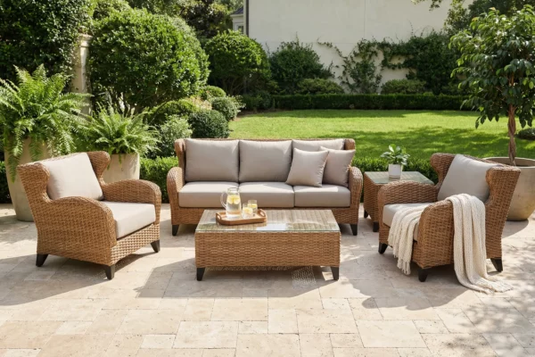 Houston zestaw wypoczynkowy meble ogrodowe z technorattanu poduszki kolor Dune piaskowy jasnobeżowy ekskluzywne meble ogrodowe Twojasiesta