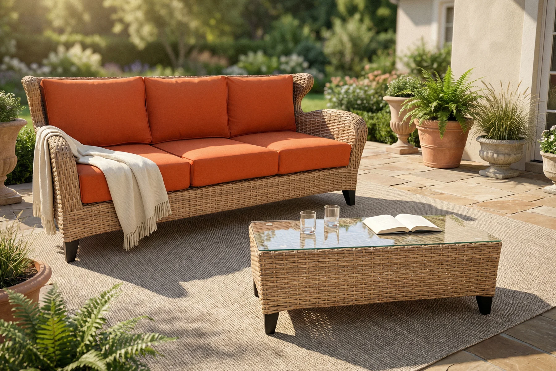 Houston zestaw wypoczynkowy meble ogrodowe sofa ogrodowa stolik ogrodowy kolor poduszek Desert meble ogrodowe technoratta Twoja Siesta