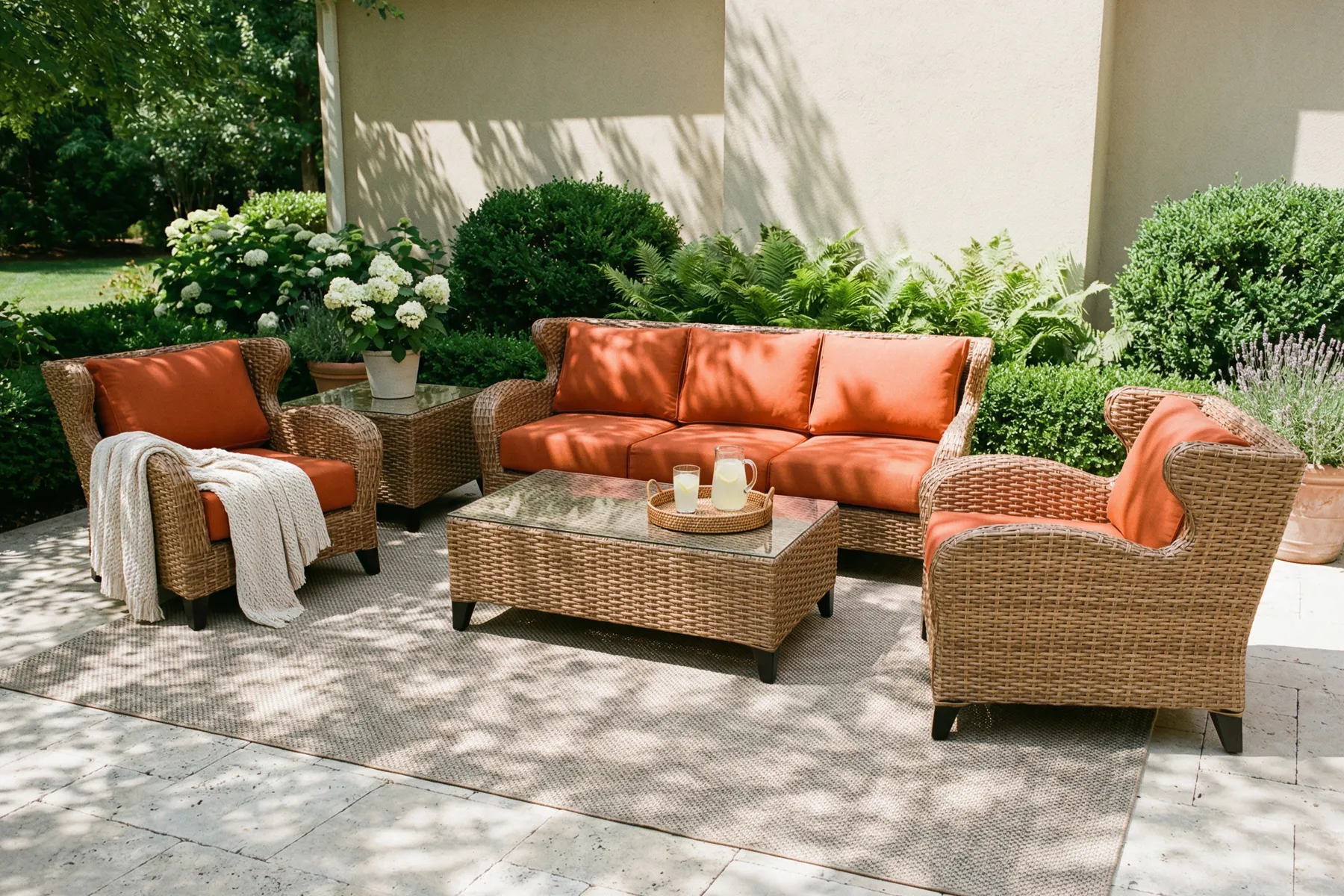 Houston zestaw wypoczynkowy meble ogrodowe z technorattanu zestaw ogrodowy tapicerka pomarańczowa Desert nowoczesne meble ogrodowe