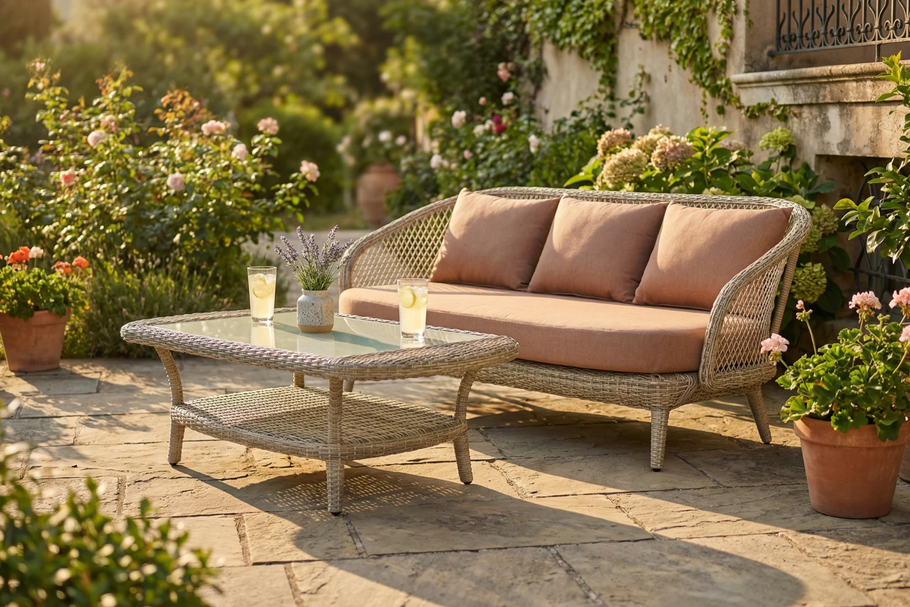 Napoli zestaw mebli ogrodowych technorattan Napoli Rose zestaw ogrodowy sofa ogrodowa stolik ogrodowy Twoja Siesta