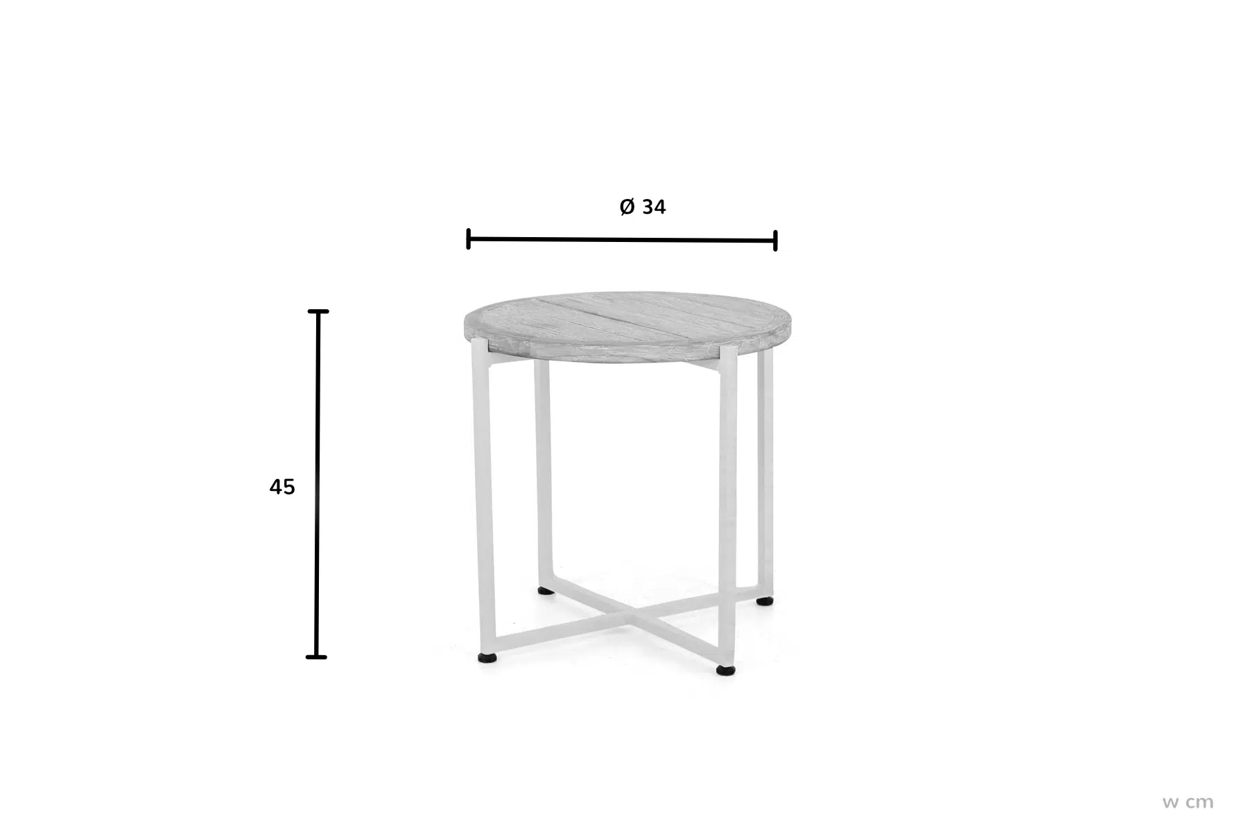 Milou biały stolik kawowy z blatem teakowym wymiary stolik ogrodowy 34 cm teak aluminium meble ogrodowe Apple Bee