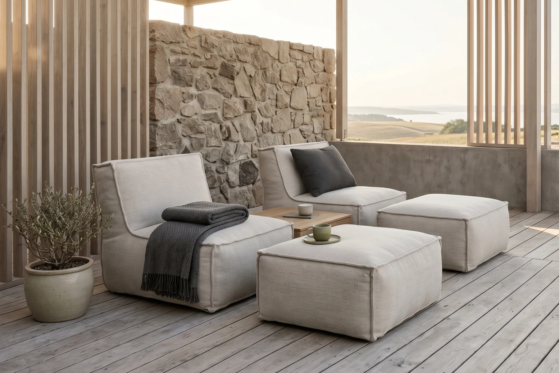C2 Edge fotele ogrodowe z tkaniny, pufy beżowe | Troispommes Home C2 Edge nowoczesny fotel ogrodowy z tkaniny beżowy meble ogrodowe Troispommes Home
