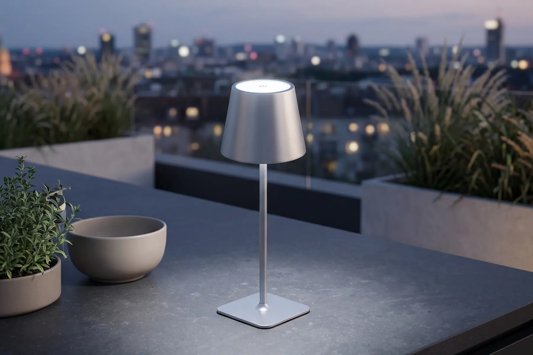 Classico lampa stołowa kolor srebrny | Twoja Siesta Classico lampa stołowa bezprzewodowa LED srebrna lampa stołowa do ogrodu