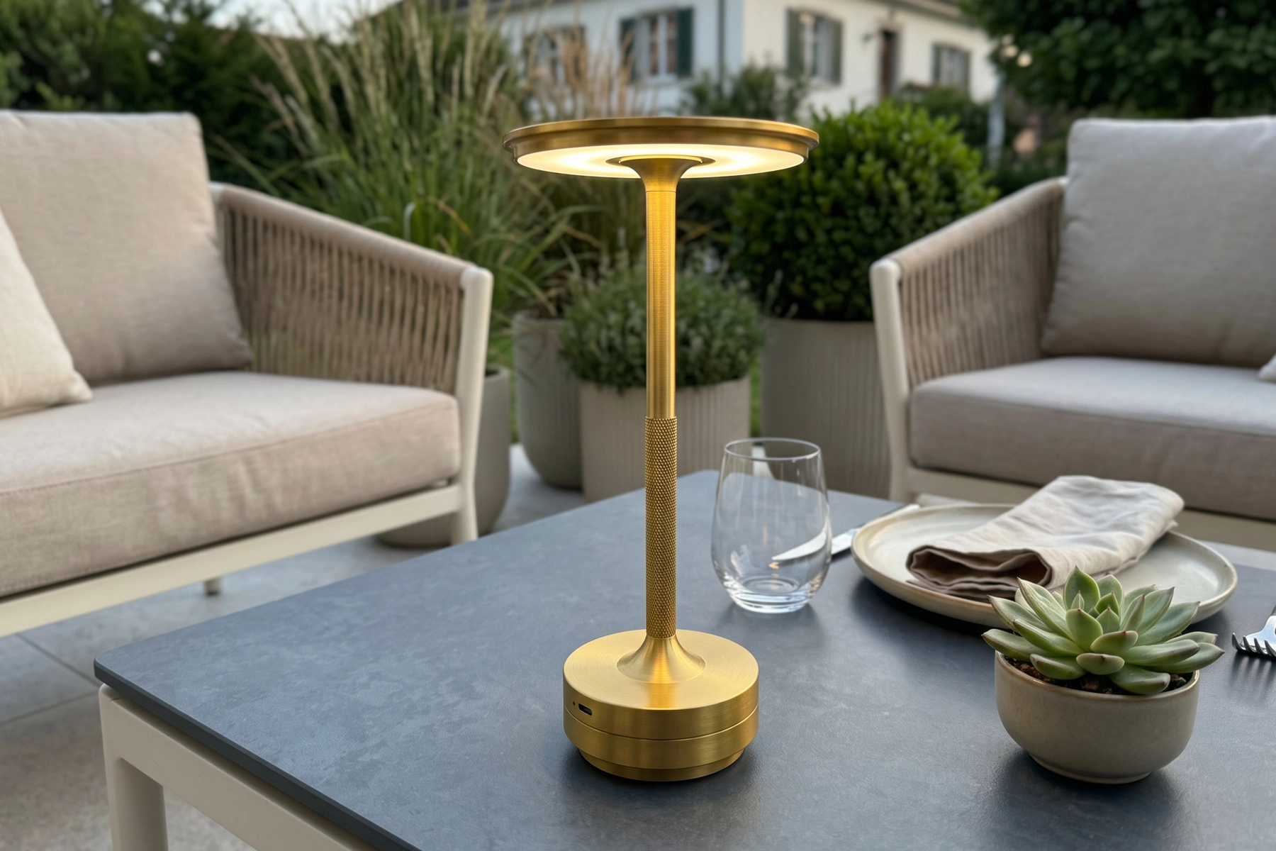 Modena lampa stołowa bezprzewodowa ledowa kolor złoty barwa światła ciepła lampa ogrodowa