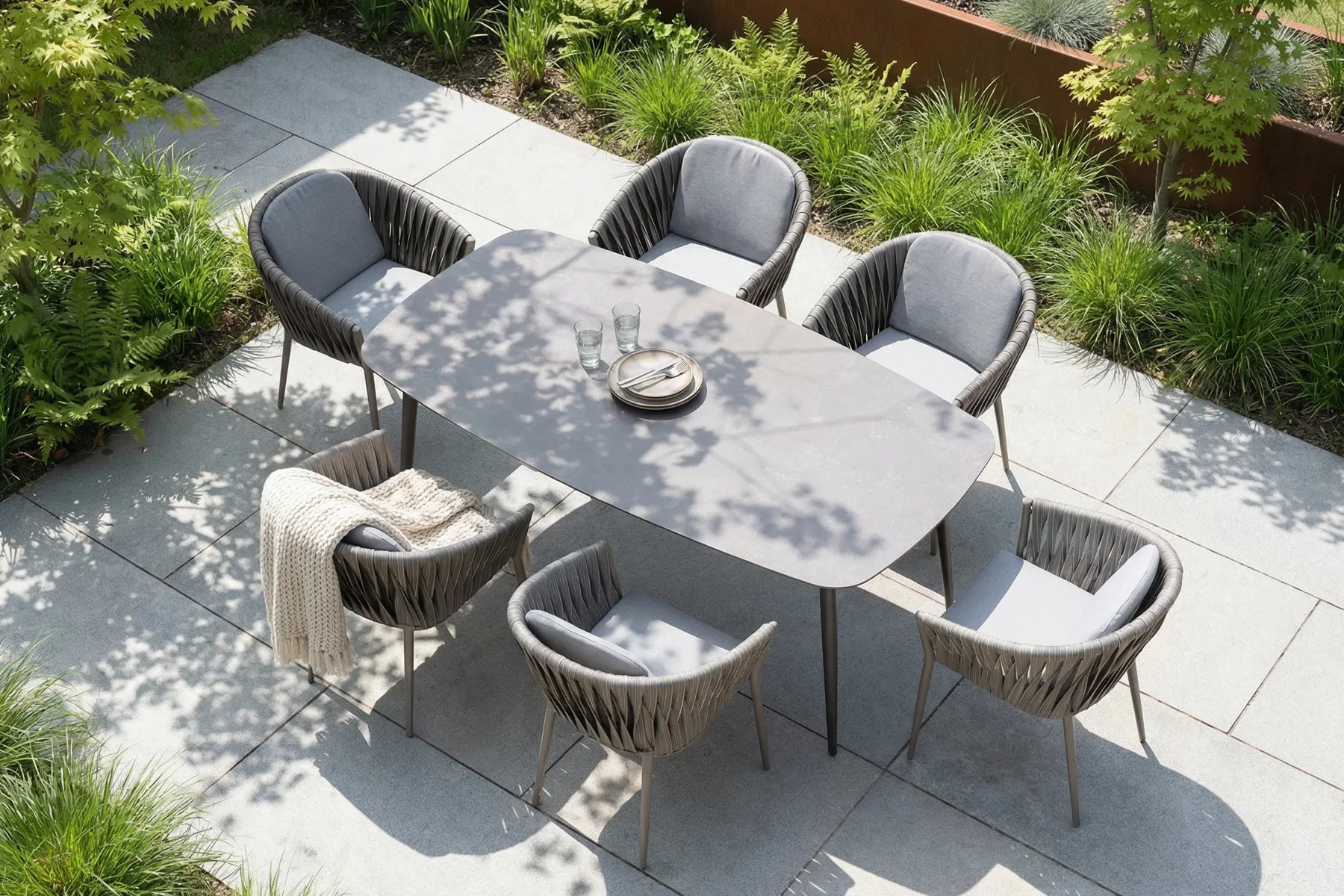 Manarola stół ogrodowy 180 cm, 6 krzeseł ogrodowych technorattan, aluminium, kompozyt kamienny | Twoja Siesta Manarola meble ogrodowe zestaw stołowy 6-8 osób stół ogrodowy krzesła technorattan aluminium meble ogrodowe premium Twoja Siesta
